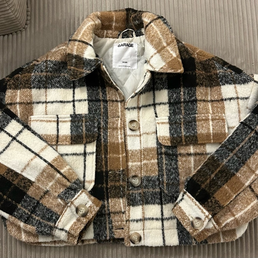 Garage Cropped Plaid Cropped Jacket in Cream, Brown & Black
